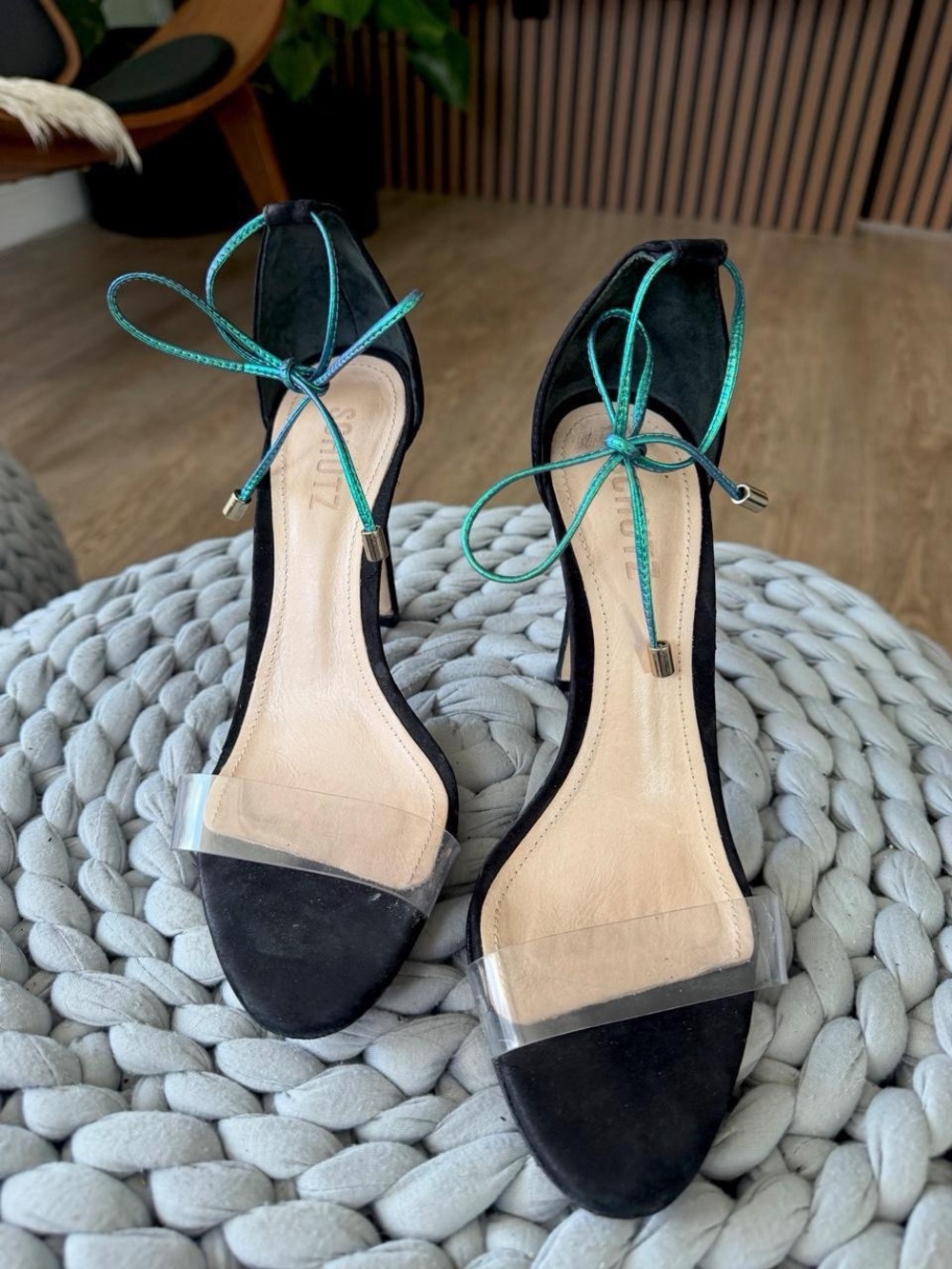 SCHUTZ Black Suede Open-Toe Heels with Teal Ankle Ties